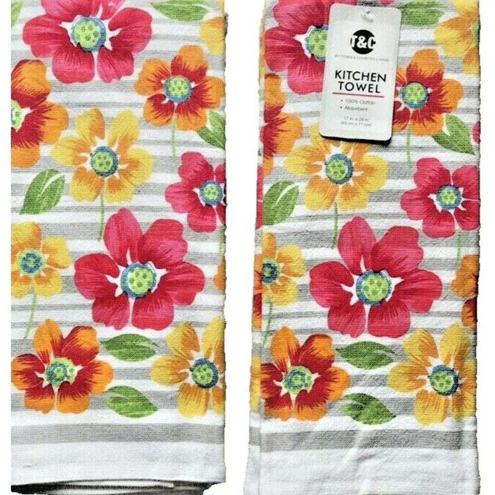 Town & Country Floral Set of 2 Kitchen Dish Towels 17x28 Absorbent 100% Cotton